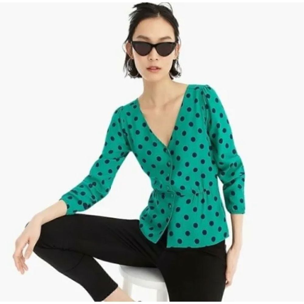 Jcrew Long-sleeve peplum top in crepe polka dot green